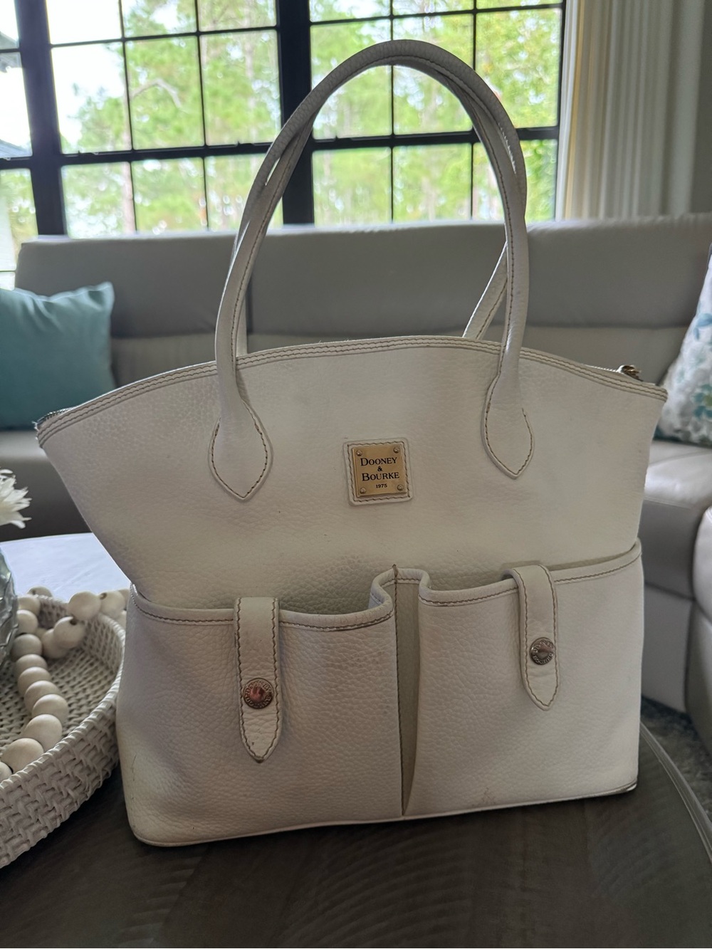 Dooney & Bourke Cream Pebble Leather Tote with Front Pockets